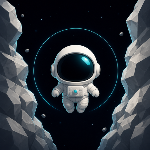 A small white astronaut floating between two walls of moon rock