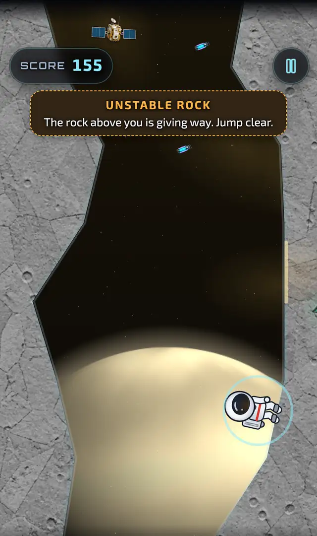 MoonMan auf einem Vorsprung über Jupiter, mit einem Riss im Fels über ihm, unter einer Instabiler-Fels-Warnung.