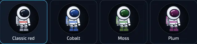 The four MoonMan suits side by side: classic red, cobalt, moss and plum.