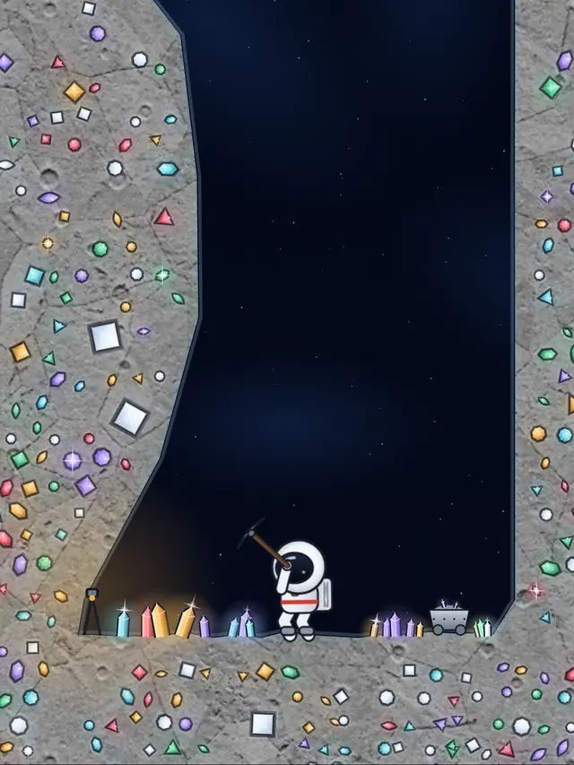 MoonMan schwingt am Boden der Mine seine Axt, neben einer Gruppe leuchtender Monddiamanten und einem Erzwagen.