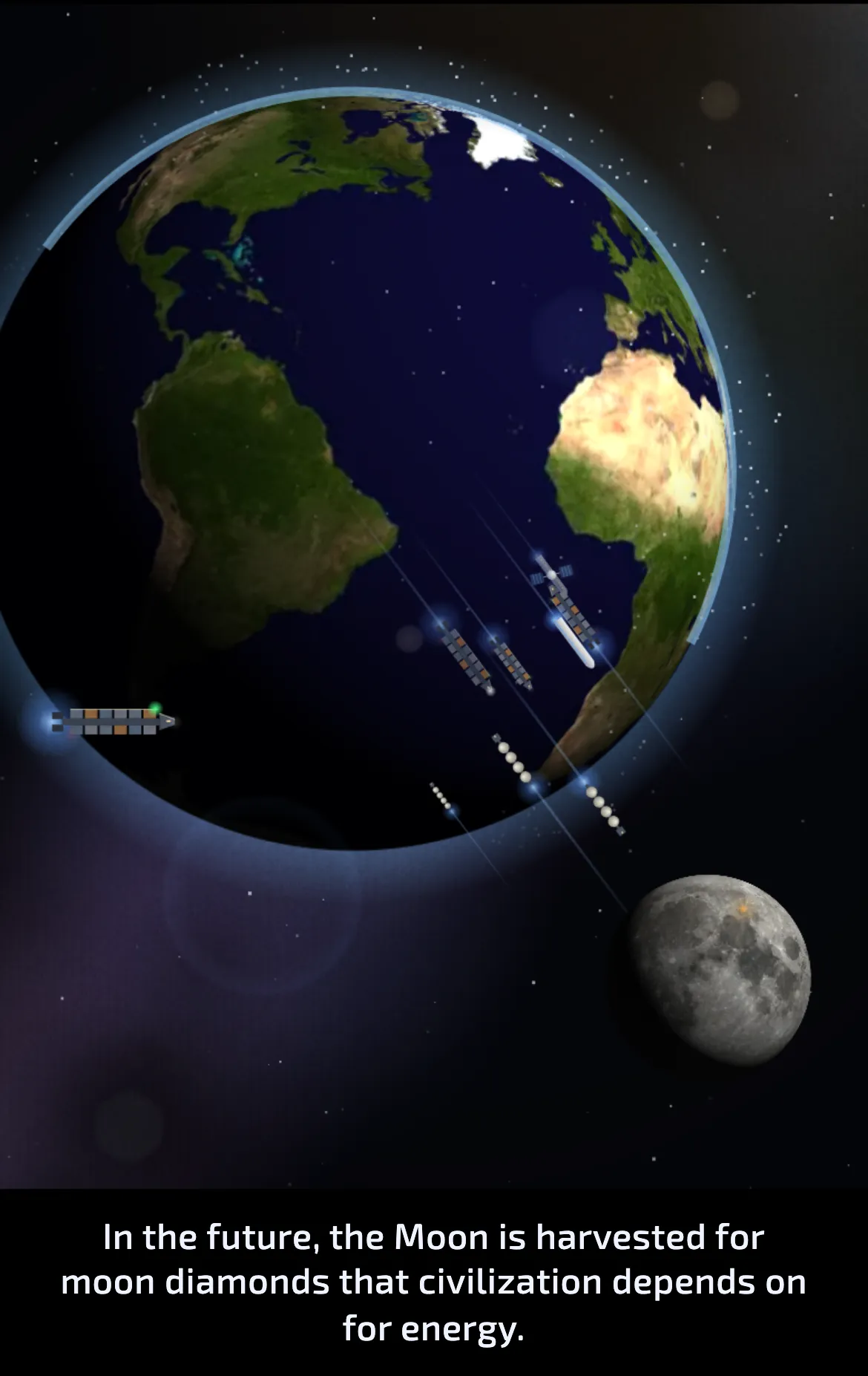 Die Erde aus dem All, mit Frachtschiffen und Satelliten, die in einer Reihe zum Mond fliegen.
