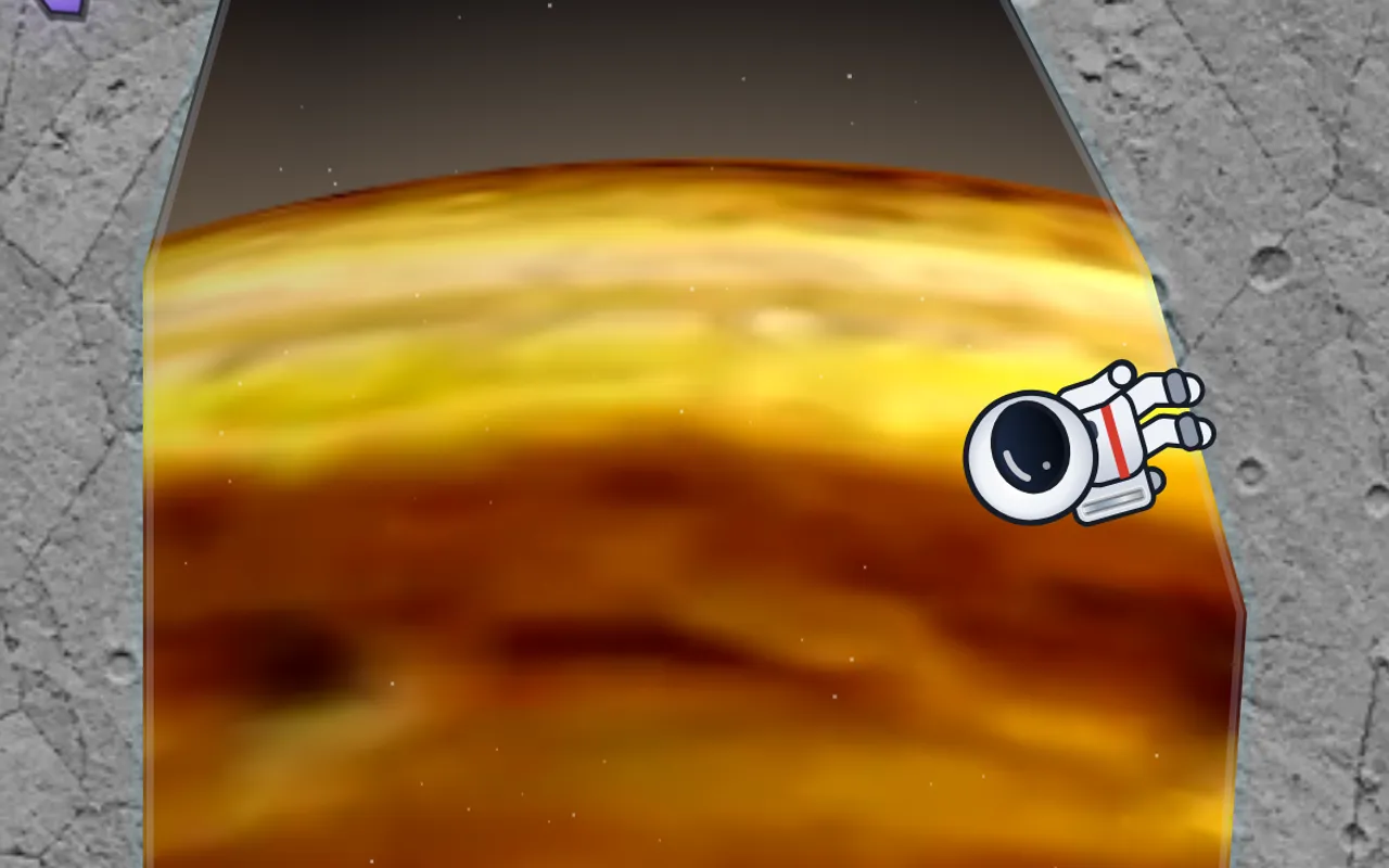 Zwei Jupitermonde am Himmel über seinen Wolken, während MoonMan den nächsten Sprung anpeilt.