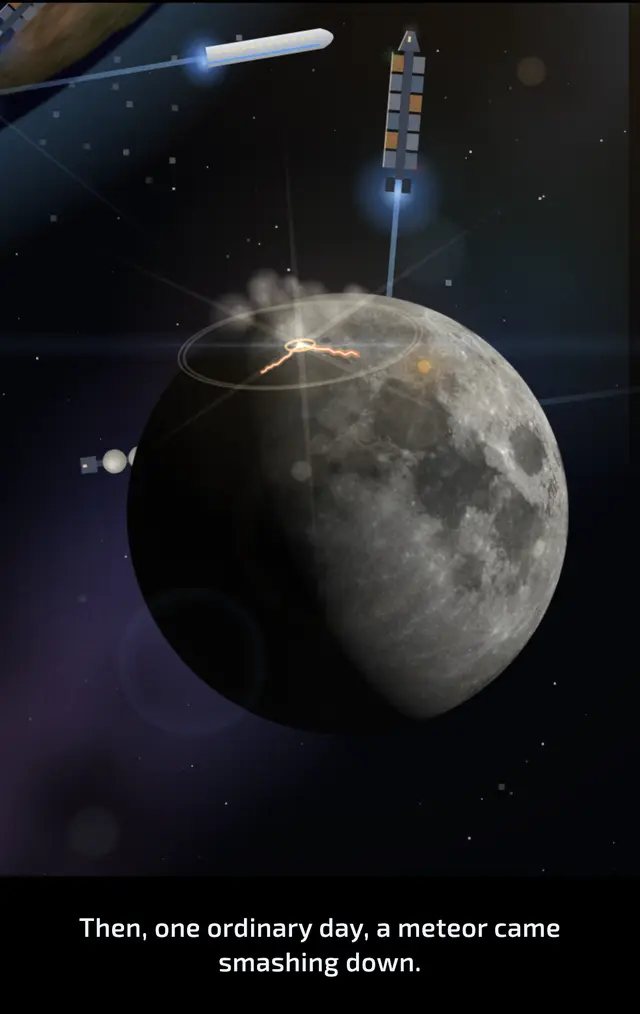 Der Mond in blassem Dunst, mit einem hellen Blitz, wo der Meteor einschlägt.
