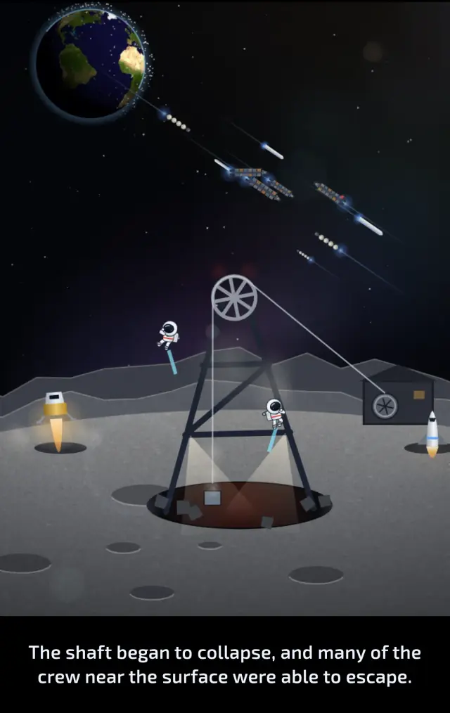 Der Minenkopf auf der Mondoberfläche: ein Förderturm über dem Schacht, Bergleute, die am Seil nach oben fahren, und startende Shuttles.