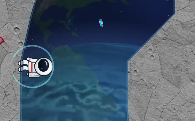 Landung über dem Neptun: MoonMans Stiefel treffen den Fels gerade auf und wirbeln Staub auf.