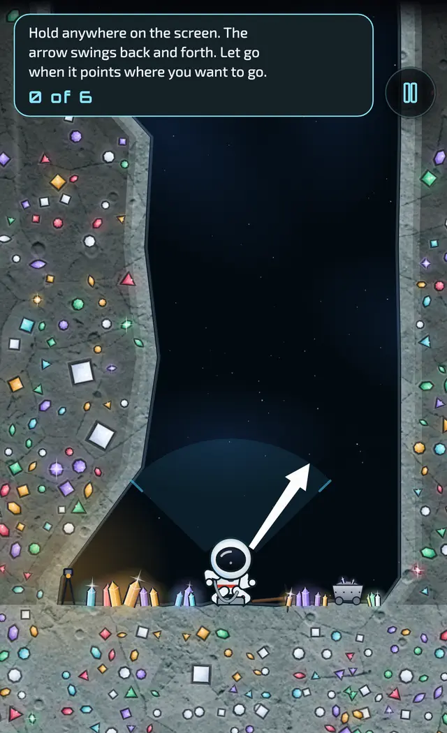 MoonMan on the floor of the training shaft, an arrow swinging out from the boots, a coach line overhead and a goal of 0 of 6.