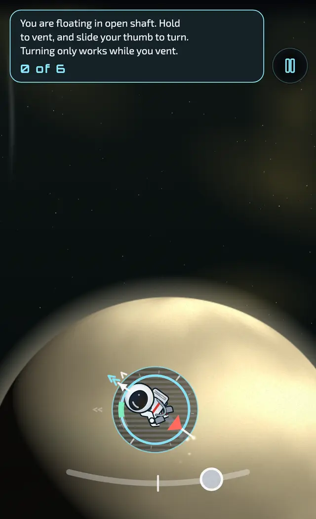 MoonMan tipped over in open shaft, inside the vent ring, with the thumb dial below it pushed to one side and a coach line overhead.