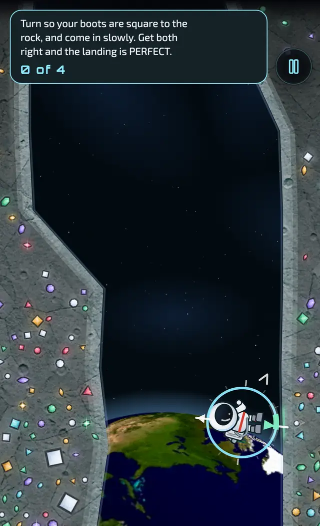 MoonMan crossing the shaft with boots turned square to the right-hand wall, a coach line about landing overhead and a goal of 0 of 4.