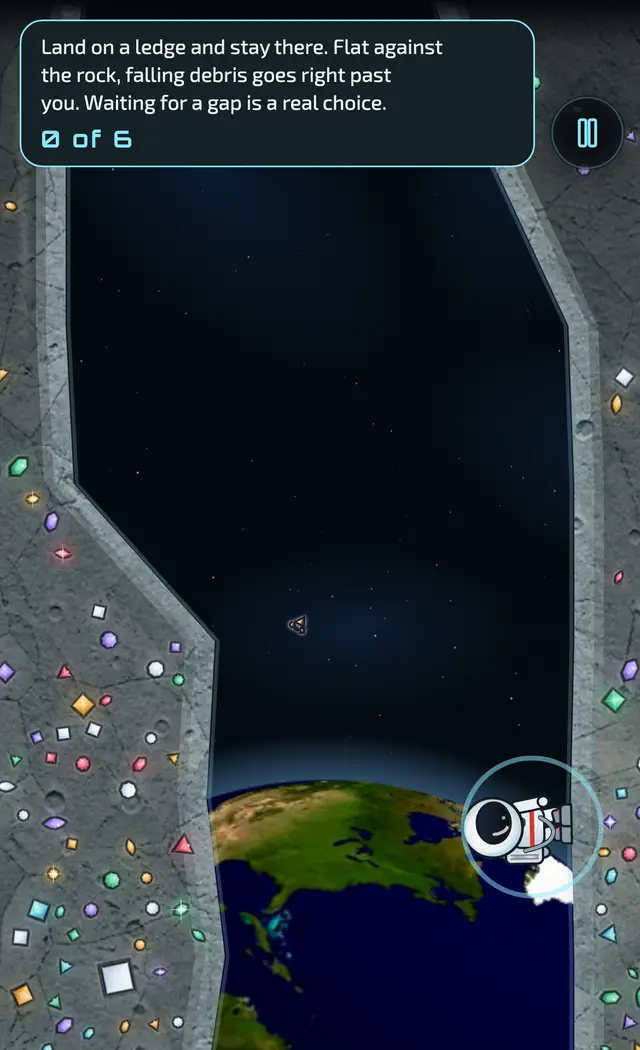 MoonMan on a ledge on the right-hand wall while a small rock falls past in the shaft, under a coach line about taking cover.