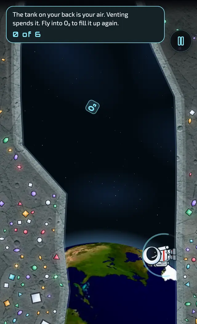 MoonMan on a ledge while an O₂ canister drifts down the shaft, under a coach line about air.