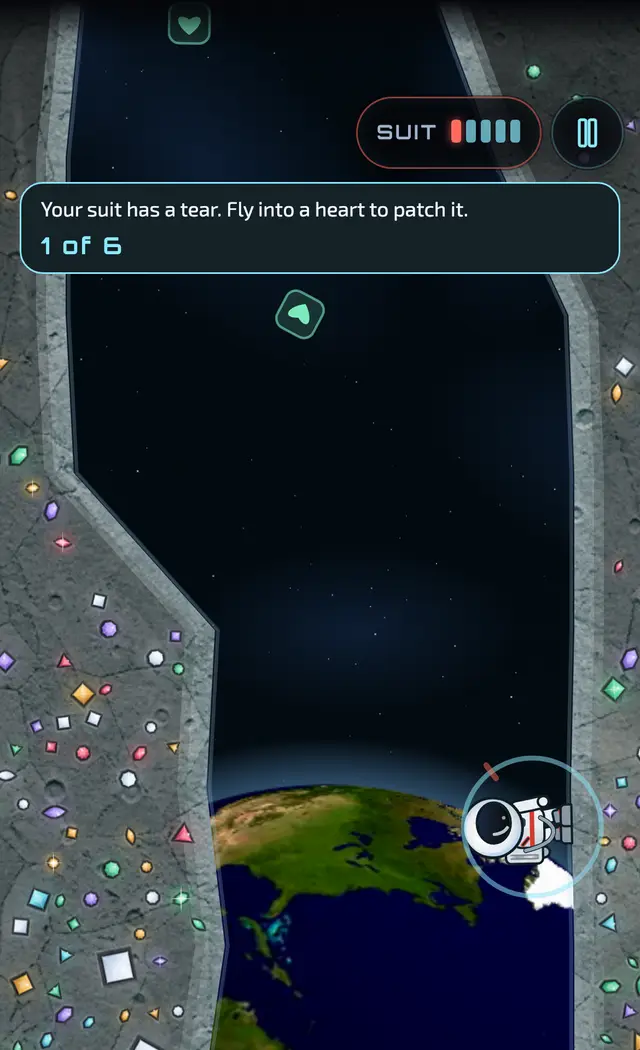 A heart drifting down the shaft toward MoonMan, whose suit gauge shows a tear, under a coach line about patching it.