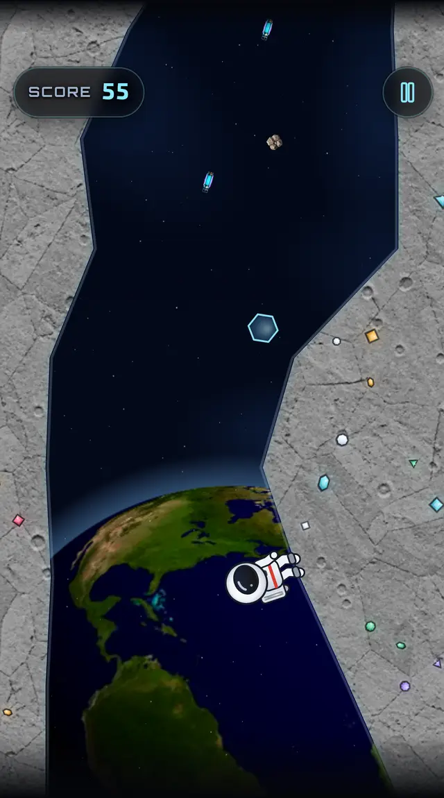 MoonMan klettert den Schacht hinauf durch jede Zone, von der Erde bis zum Neptun, während sein Punktestand steigt.